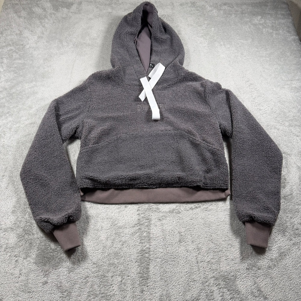 Gymshark Borg Teddy Shearling Crop Hoodie Women Small Gray Fleece High Pile